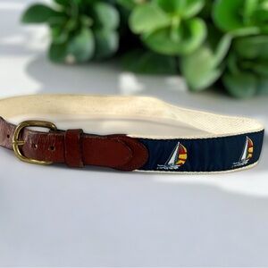 Vintage Navy Blue Belt Sailboat Embroidery & Brown Leather Gold Accent Size 34